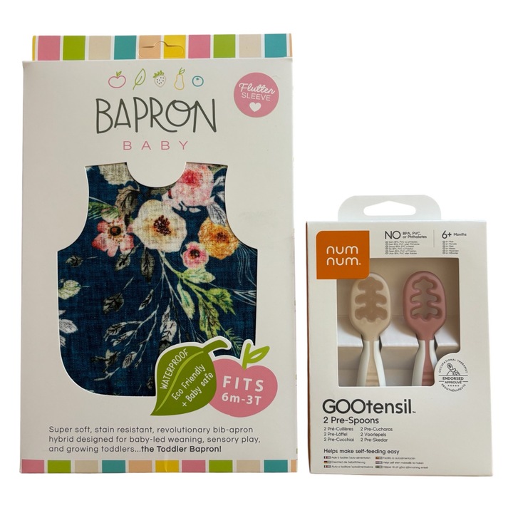 Set hranire NumNum Pre-lingurite Beige-Dusty Mauve + baveta Bapron Boho Floral Flutter, impermeabil, 6-36 luni