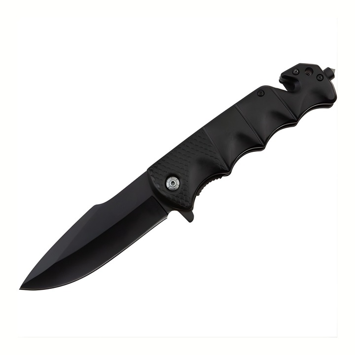 Cutit Pliabil Outdoor 23 cm Negru, Lama Inox cu Blocare, Taietor Centura si Spargator Geam, Cutit Multifunctional Camping