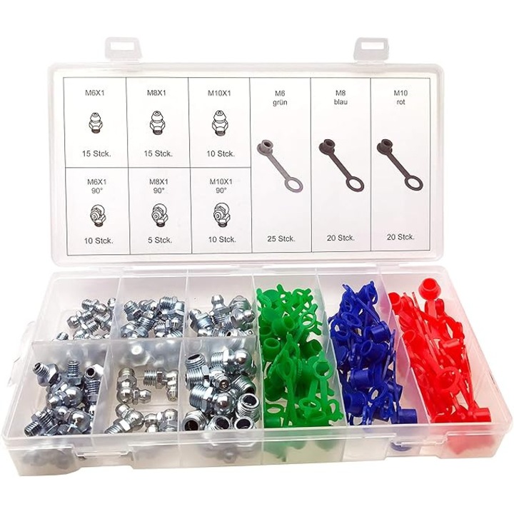 Set de 130 de accesorii pentru gresare, Maslon, ungătoare conice + capace de protecție, dimensiuni M6, M8, M10, 0°, 90°
