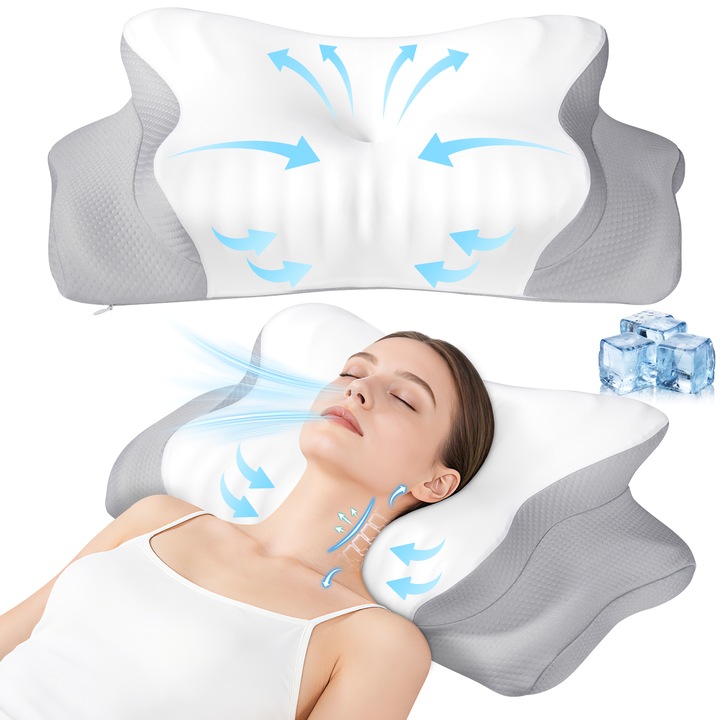 Perna Ortopedica Cervicala pentru dormit Balitta®, Ergonomic Perna ortopedica pentru dormi, Spuma cu Memorie, Husa lavabila, Suport pentru gat, umeri si brate, Alb/Gri deschis, 62 x 37 x 9/14cm