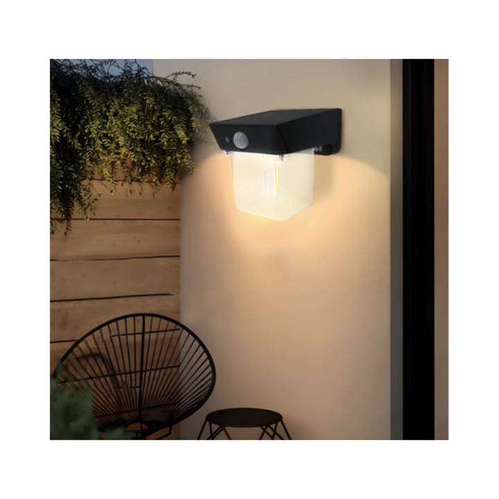Lampa solara cu LED Hoff, 5 W, 190 lm, lumina calda, senzor de miscare PIR, 2 moduri de iluminare, negru, exterior