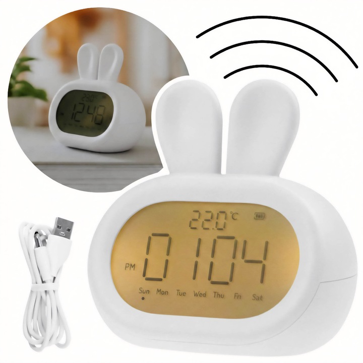 Ceas desteptator electronic Marys, Iepuras, alb, afisaj digital, lumina de noapte, functie snooze