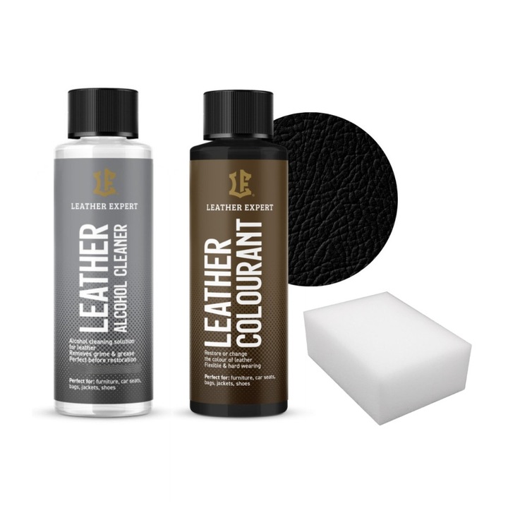 Kit de întreținere pentru piele, Leather Expert, degresant 50 ml, vopsea neagră 50 ml, aplicator burete mic