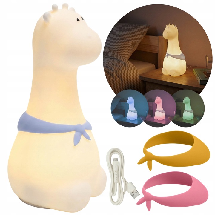Lampa de Veghe LED Girafa Marys, Silicon Moale, Lumina Calda 3000K, RGB, Acumulator 1200mAh, Incarcare USB, Set Decorativ