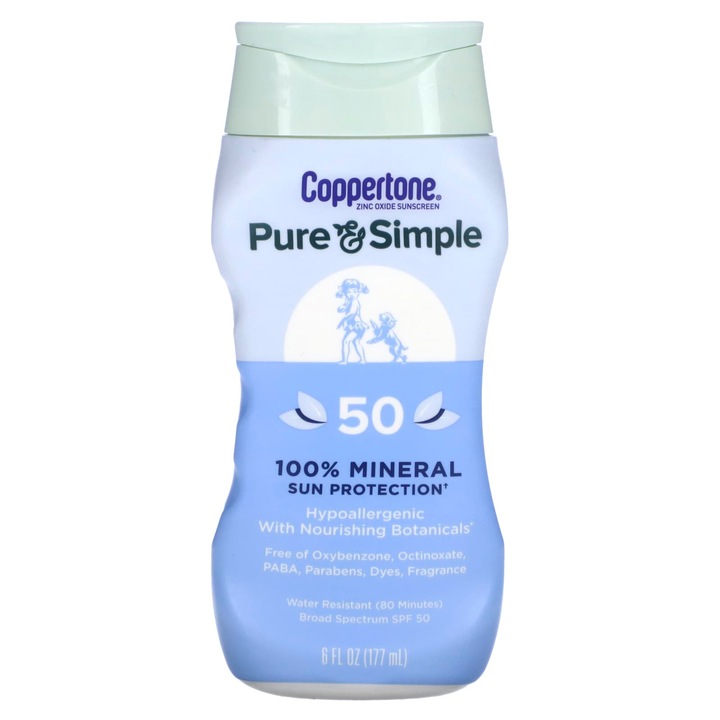Protectie solara, Coppertone, Pure & Simple, SPF 50, 177 ml, hipoalergenica, 100% minerala
