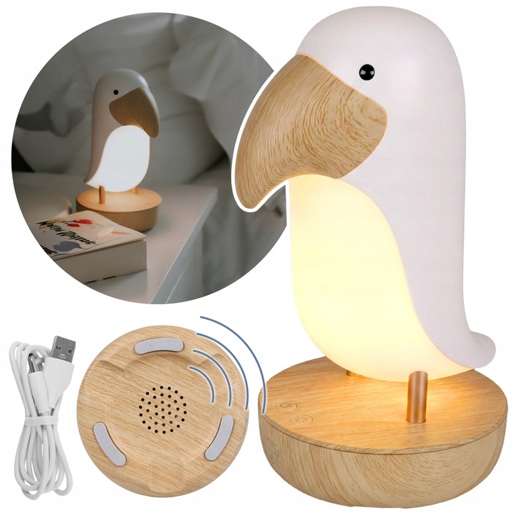 Lampa de noapte LED Tucan Alb cu Boxa Bluetooth, Lumina calda 3000K, Acumulator 24h, Aluminiu si ABS, sarcia.eu
