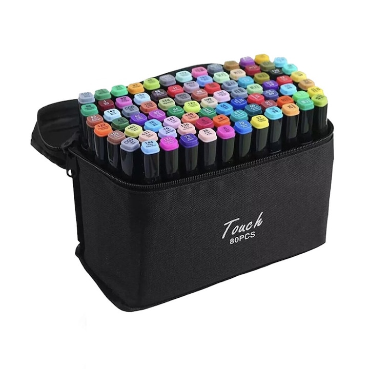 Set 80 carioci profesionale Touch cu 2 capete, cerneala pe baza de alcool, multicolor, 19x12x16cm