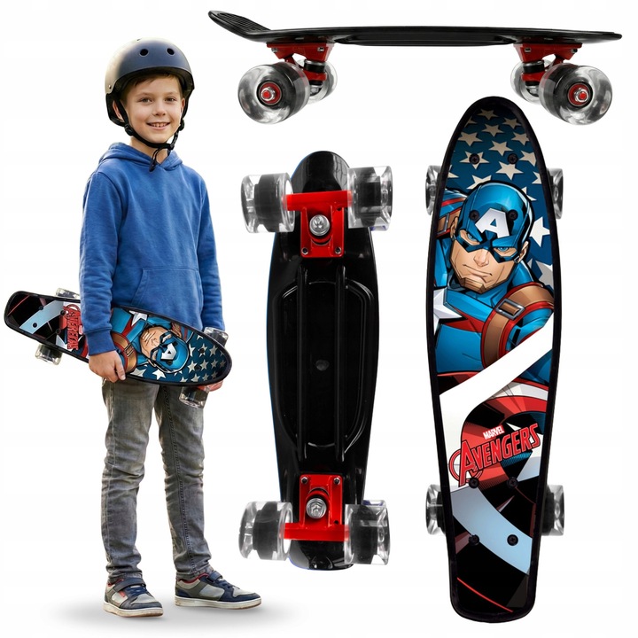 Skateboard Fiszka Marvel Avengers Captain America 55cm, Poliuretan, Roti 90A, Multicolor