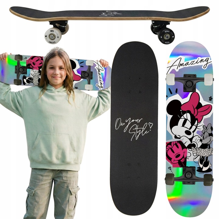 Placa de skateboard Disney Minnie Mouse AMAZING HOLO 79x20cm, constructie din lemn de artar, suprafata anti-alunecare, roti PVC 90A