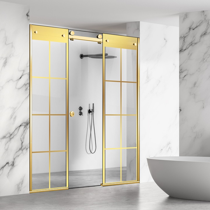 Glissando Line Gold 3 elemből álló tolóajtós zuhanyfal, arany Mode modell, víztiszta biztonsági üveg, 155-165x205 cm réshez
