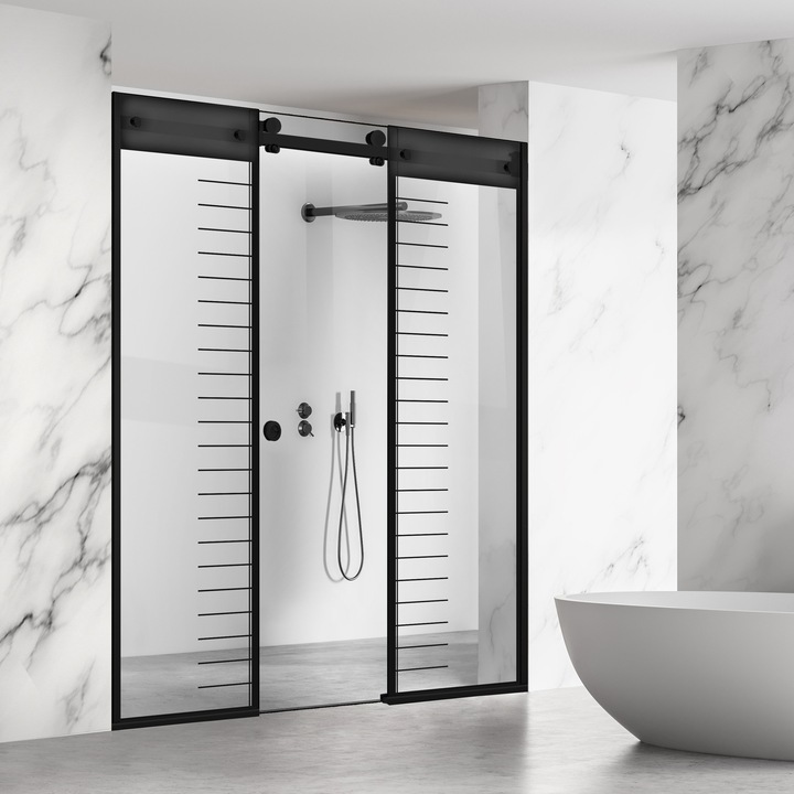 Glissando Line Black 3 elemből álló tolóajtós zuhanyfal, fekete Supreme modell, víztiszta biztonsági üveg, 145-155x205 cm réshez