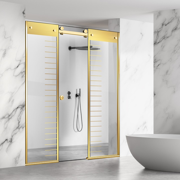 Glissando Line Gold 3 elemből álló tolóajtós zuhanyfal, arany Supreme modell, víztiszta biztonsági üveg, 225-235x205 cm réshez