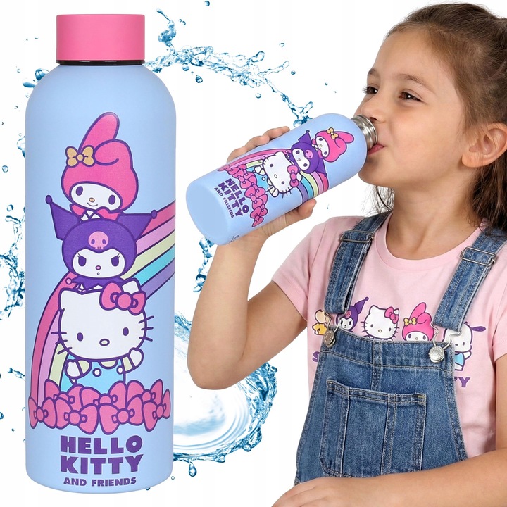 Sticla de apa pentru copii, Hello Kitty, 800 ml inox, capac etans, ideala pentru scoala si excursii