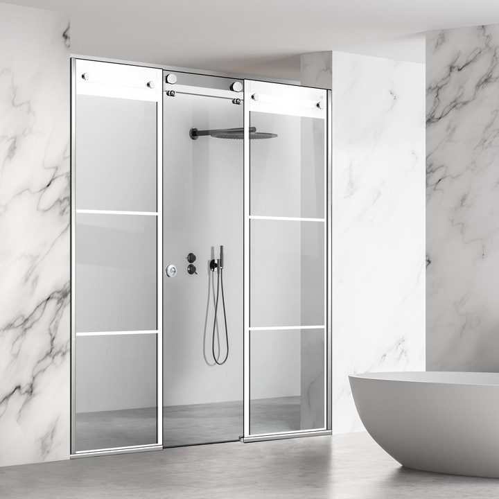 Glissando Line Inox 3 elemből álló tolóajtós zuhanyfal, fehér Vintage modell, víztiszta biztonsági üveg, 205-215x205 cm réshez