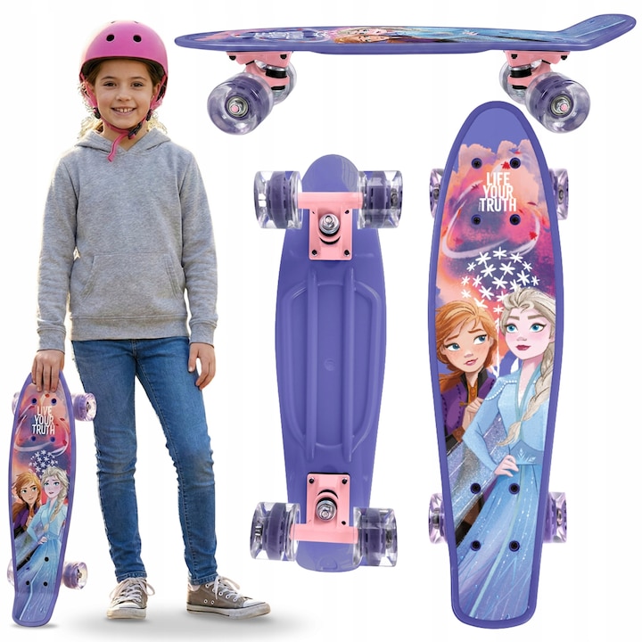 Skateboard copii Disney Frozen II, 55 cm, suprafata anti-alunecare, roti rezistente, multicolor