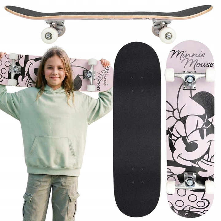 Skateboard din Lemn Minnie Mouse, 79x20x12cm, Design Monocrom Pastel, Suprafata Antiderapanta, Roti 90A, Set pentru Tineret