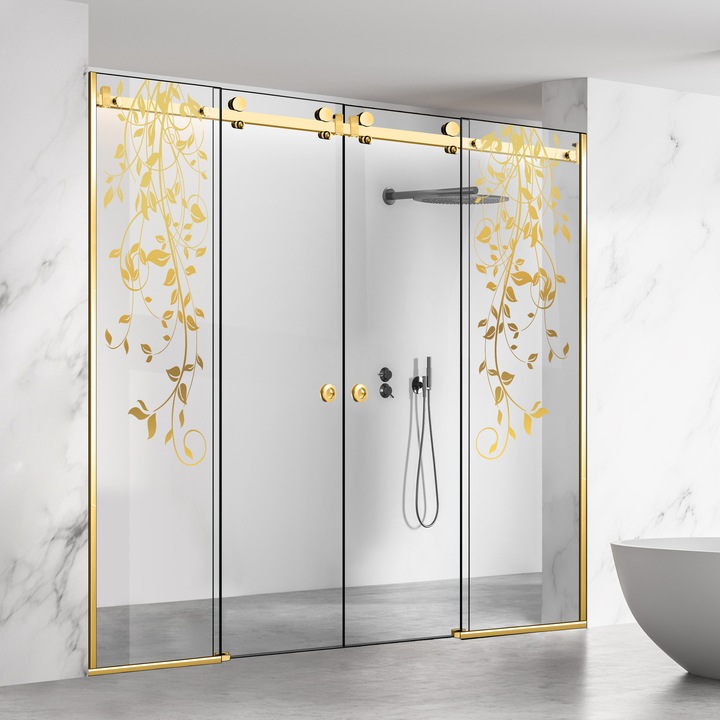 Glissando Premium Gold 4 elemből álló tolóajtós zuhanyfal, arany Dance modell, víztiszta biztonsági üveg, 205-215x205 cm réshez