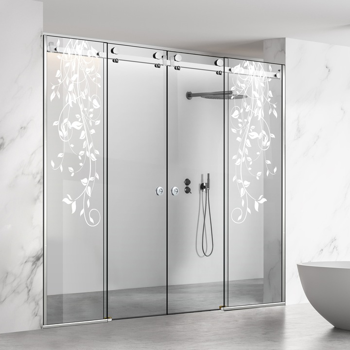 Glissando Premium Inox 4 elemből álló tolóajtós zuhanyfal, fehér Dance modell, víztiszta biztonsági üveg, 275-285x205 cm réshez