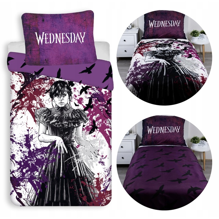 Lenjerie de pat Wednesday 'Raven', 140x200cm, Microfibra, Design Gotica, Culori Vibrante, Inchidere cu Fermoar
