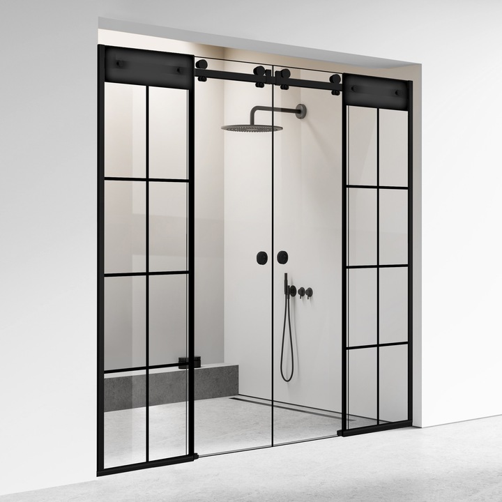 Glissando Premium Black 4 elemből álló tolóajtós zuhanyfal, fekete Mode modell, víztiszta biztonsági üveg, 185-195x205 cm réshez