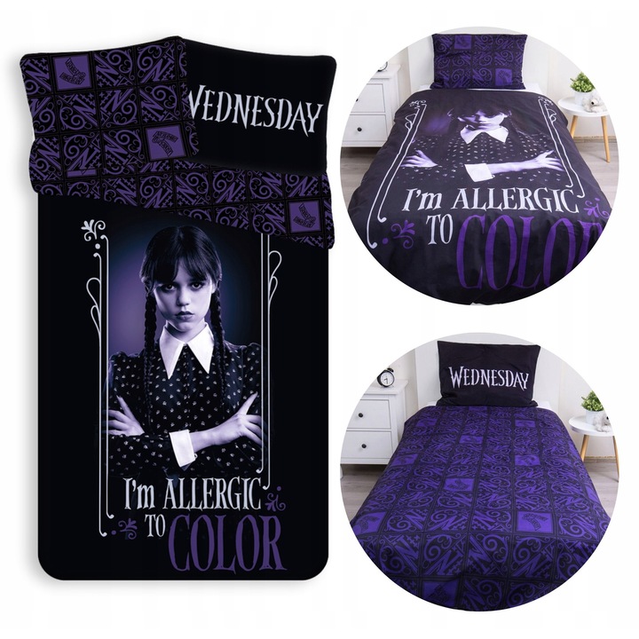 Lenjerie de pat Wednesday Addams, bumbac 100%, 140x200 cm, reversibila, imprimeu durabil, fermoar