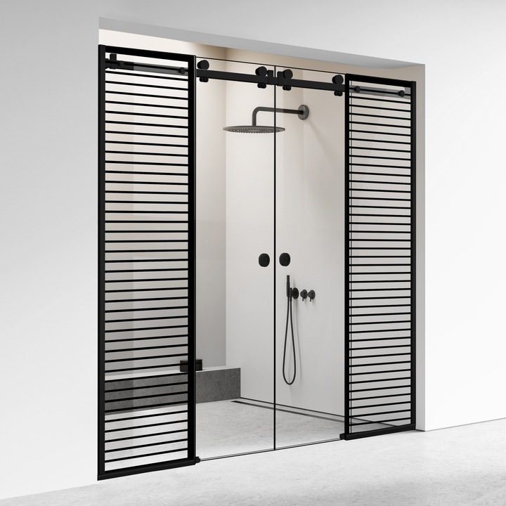 Glissando Premium Black 4 elemből álló tolóajtós zuhanyfal, fekete Moris modell, víztiszta biztonsági üveg, 265-275x205 cm réshez