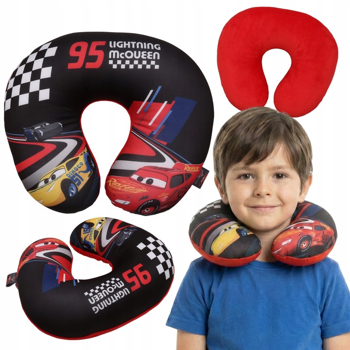 Perna de calatorie pentru copii Cars Disney, suport ergonomic pentru gat, ideala pentru masina, avion si tren, umplutura moale pentru confort maxim, design atractiv Fulger McQueen, cadou perfect pentru fanii curselor auto, asigura o postura