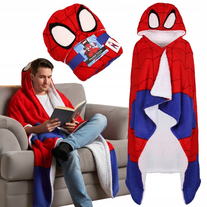 Patura cu gluga Marvel Spider-Man, 120x150 cm, material plusat, design cu masca Spider-Man, pentru copii si adolescenti