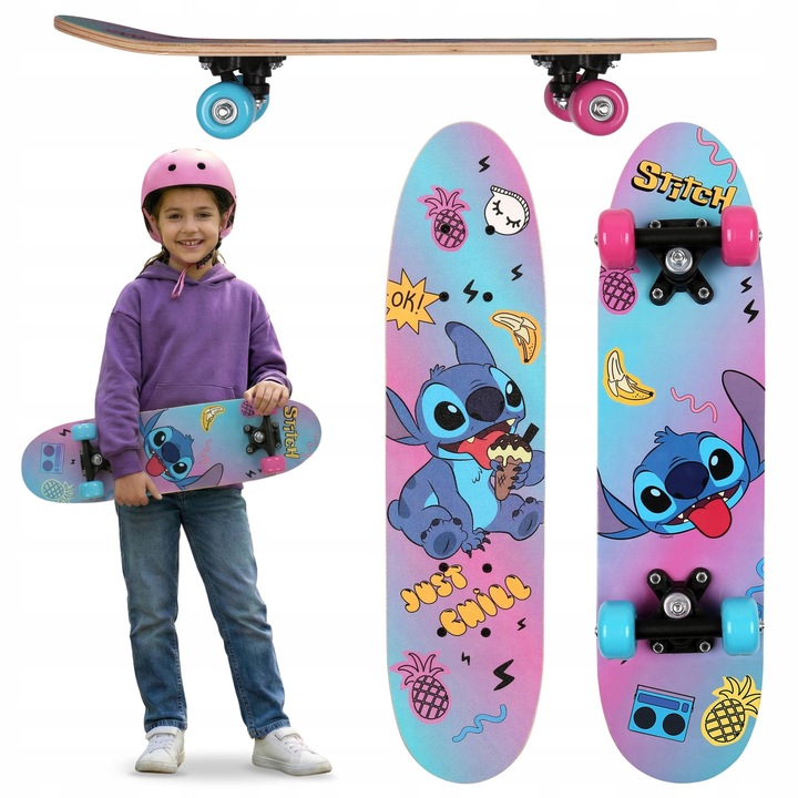 Skateboard Disney Stitch 61 cm, antiderapant, design colorat, artar chinezesc, roti PVC, pentru copii si incepatori