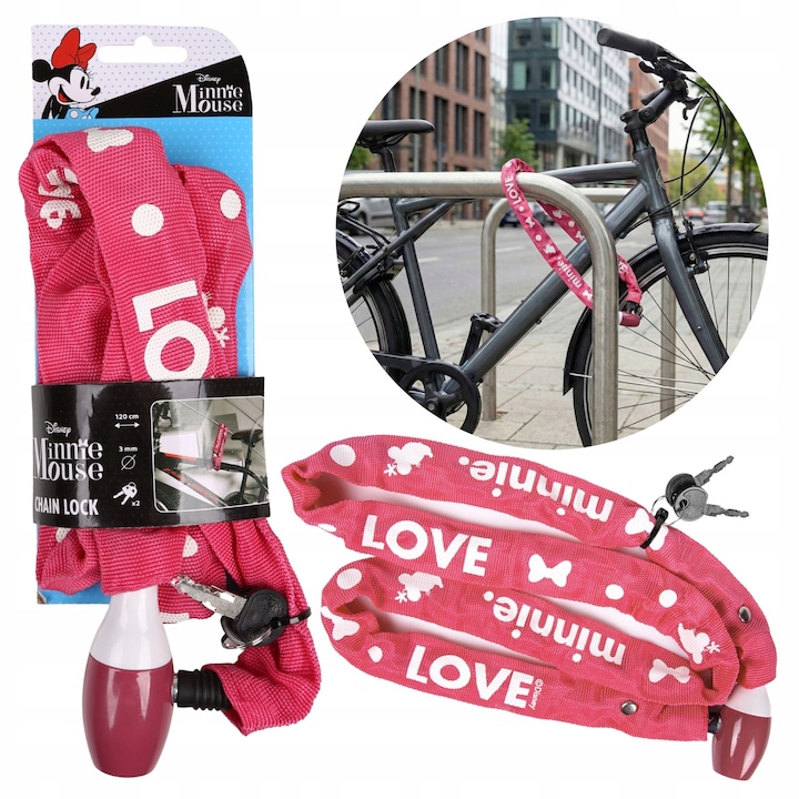 Lant antifurt bicicleta Disney Minnie Mouse, 120cm, otel rezistent, acoperire textila, set pentru biciclete, trotinete, carucioare