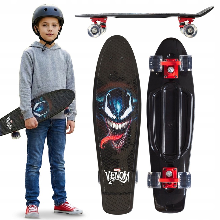 Skateboard Tineret Marvel Venom, 67x18.5cm, Roti PU 90A, Rulmenti ABEC 7, Multicolor