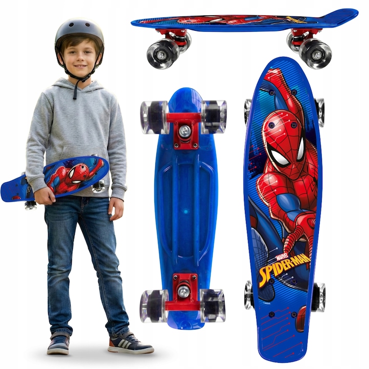 Skateboard Fiszka Spider-Man, 55x15cm, Roti PU 90A, Rulmenti ABEC 7, Multicolor, Set pentru Copii si Adolescenti