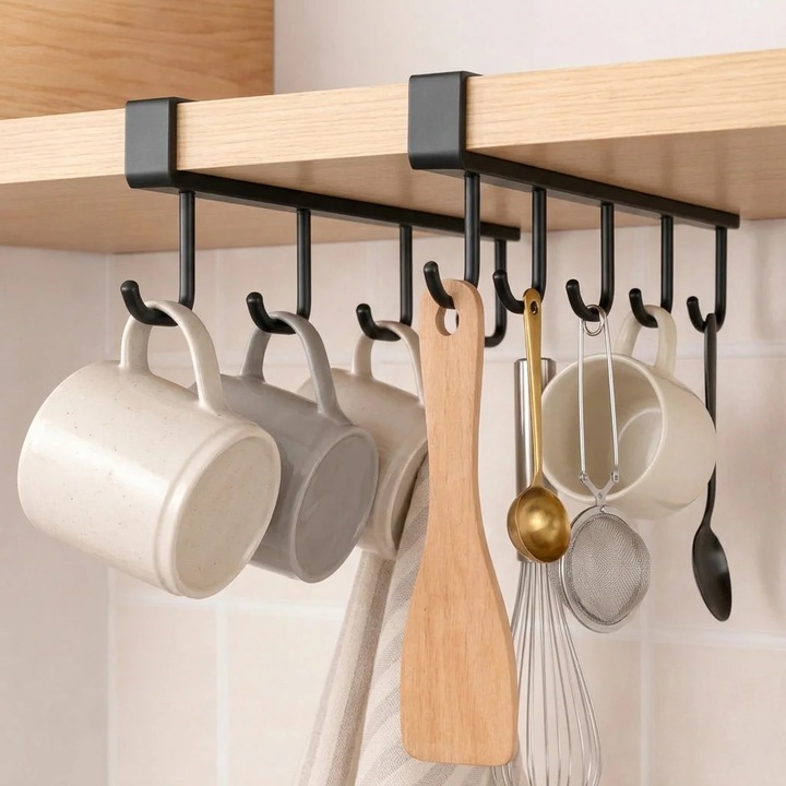 Set 2 suporti cani, cesti cafea, suport ustensile bucatarie, lingura, din otel, negru, 31x8x2 cm, Callena