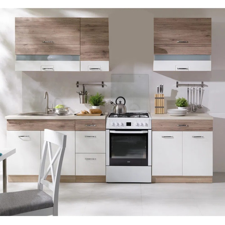 Set bucatarie Expomob ECONO B, lungime 270 cm, culoare corp sonoma, fronturi sanremo + alb lucios