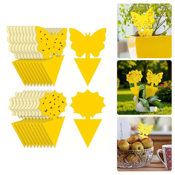 Set 20 capcane duble insecte, protejeaza plantele, Potrivita atat in interior, cat si in exterior, Capcana adeziva pentru musculite, Polipropilena, Rezistenta UV, Impermeabil, Galben
