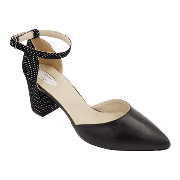 Sandale dama, piele naturala, toc gros, buline, negru, Negru