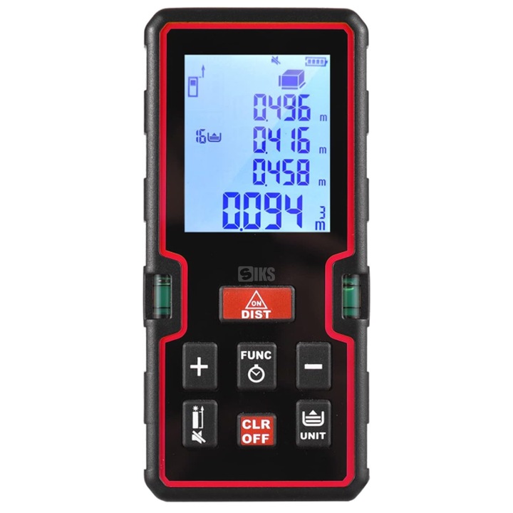 Telemetru Laser Digital Precis Cu Nivela Inclusa SIKS, Inlocuitor Ruleta Pentru Masurare Distanta, Ecran LCD Iluminat, Calcul Suprafata, Calcularea Volumelor, Distanta Maxima 50m, Negru