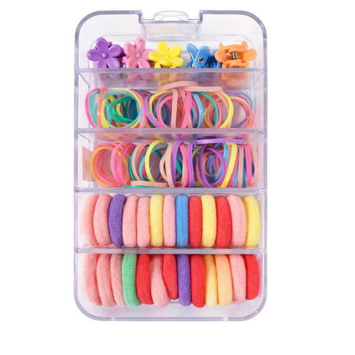 Set accesorii păr copii Dodaco, cutie organizator, 26 elastice textile 2 cm, 80 elastice cauciuc multicolore, 5 cleme floricele 0.8 cm, multicolor
