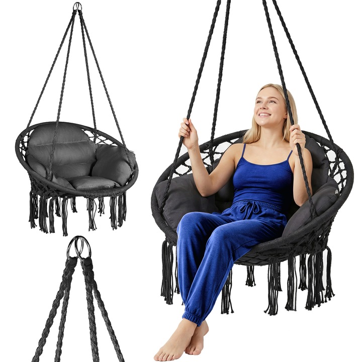 Hamac Boho XXL cu Perna Mare, Negru, 80x35cm, Capacitate 150kg