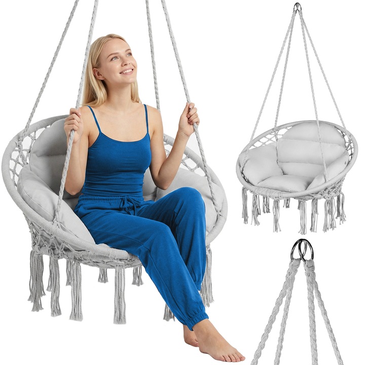 Hamac Boho XXL cu Perna Mare, gri, 80x35cm, capacitate 150kg, set complet