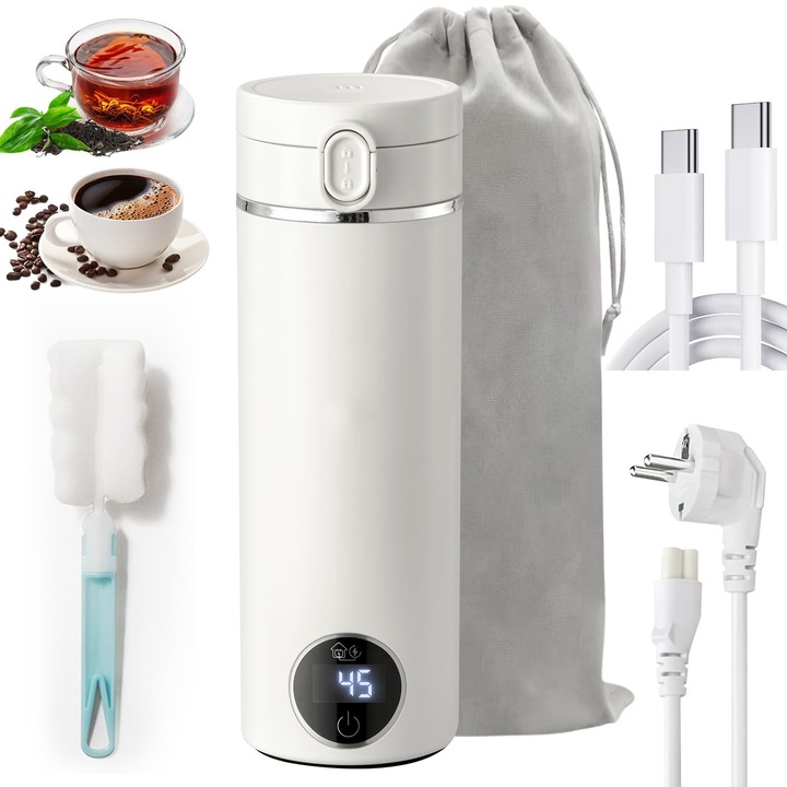 Fierbator portabil, sticla electrica cu apa calda, 500 ml, 6 presetari de temperatura, display LCD, fierbere anti-uscare, ABS, 230V, ideal pentru birou sau calatorii, Alb