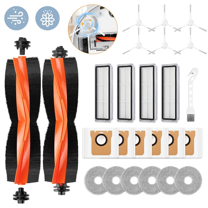 25 darabos tartozékkészlet Xiaomi X20+/X10 Plus robotporszívóhoz, 2 főkefe, 4 HEPA szűrő, 6 törlőkendő, 6 porzsák, 6 oldalkefe. Robotporszívó alkatrészek