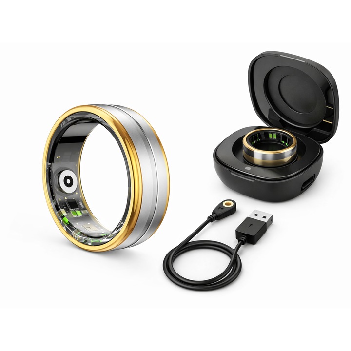 Okosgyűrű Smart Ring ViraProH Q6, Egészség- és Fitneszmonitorozás, Alvás, Pulzusszám, Vér oxigénszint, Napi aktivitás, Kalória, Vízállóság 5 ATM, Bluetooth, Alumínium, 7-es méret, Átmérő (17,5 mm), Uniszex, Arany/Ezüst