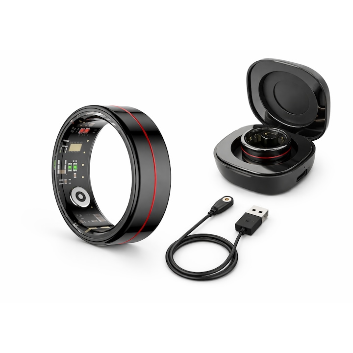 Inel Inteligent Smart Ring ViraProH Q4, Monitorizare Sanatate & Fitness, Somn, Ritm Cardiac, Oxigen Sange, HRV, Stres, Calorii, Rezistenta Apa 5 ATM, Bluetooth 5.4 BLE, Otel Inoxidabil, Marime 9, Diametru (19,1 mm), Unisex, Negru/Rosu