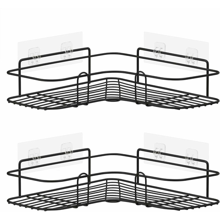 Set 2 rafturi pentru baie, pe colt, autodezive, metal, negru, 24.5x10x6 cm