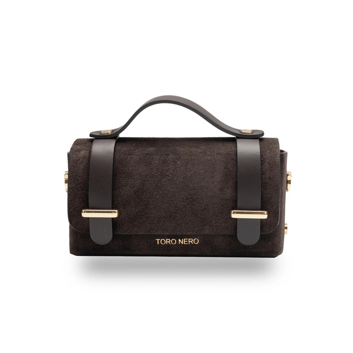 Geanta dama din piele naturala maro inchis-piele intoarsa Natalia