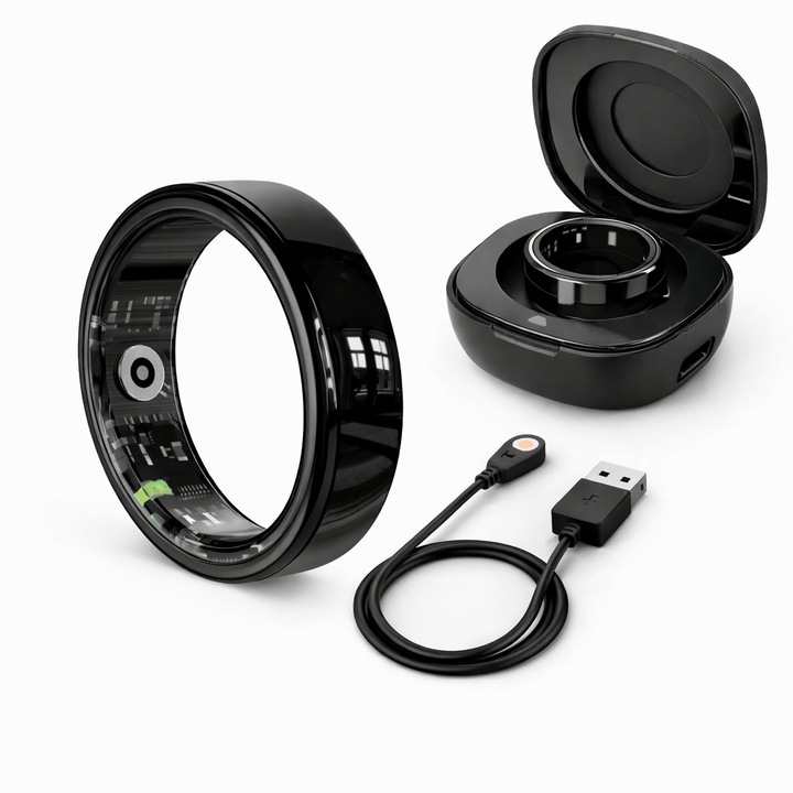 Inel Inteligent Smart Ring ViraProH Q12, Monitorizare Sanatate & Activitate, Somn, Ritm Cardiac, Oxigen, Stres, Temperatura Piele, Gesturi Inteligente, Rezistenta Apa 5 ATM, Ceramica Nano, Marime 9, Diametru (19,1mm), Unisex, Negru Marime 8, Diametru (18