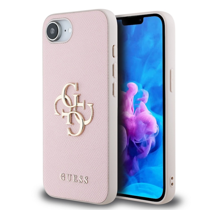 Калъф за телефон, съвместим с iPhone 17e - Guess Grained 4G Metal Logo - розов заден калъф