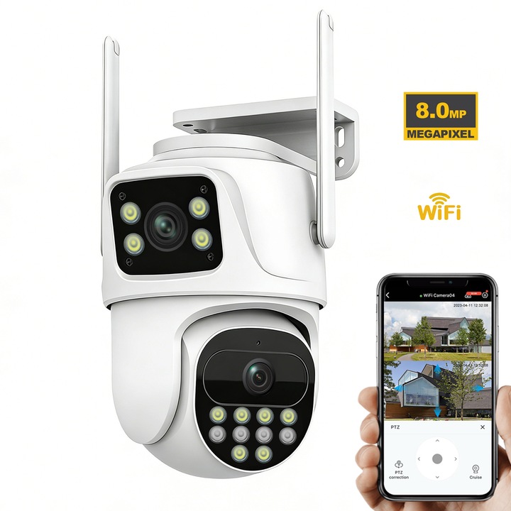 Camera de supraveghere 8MP WIFI, Exterior/interior, UltraHD 4K, Conectare Telefon / PC, Dual-Lens, Diafragma F1.4, Night Vision Color, Alarma, Auto Tracking, Rezistenta la Apa, alb