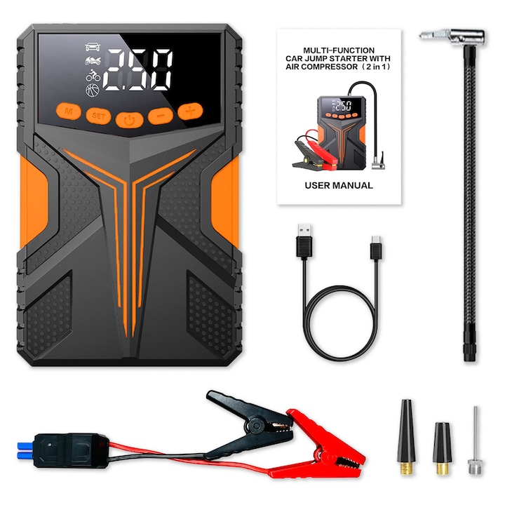 Starter auto portabil cu compresor 4 in 1 JCPXELL®, 8000 mAH, capacitate 29600 h, compresor, Power Bank, Lanterna, Ecran LED, clesti inteligenti si husa transport incluse, 150PSI, 12V